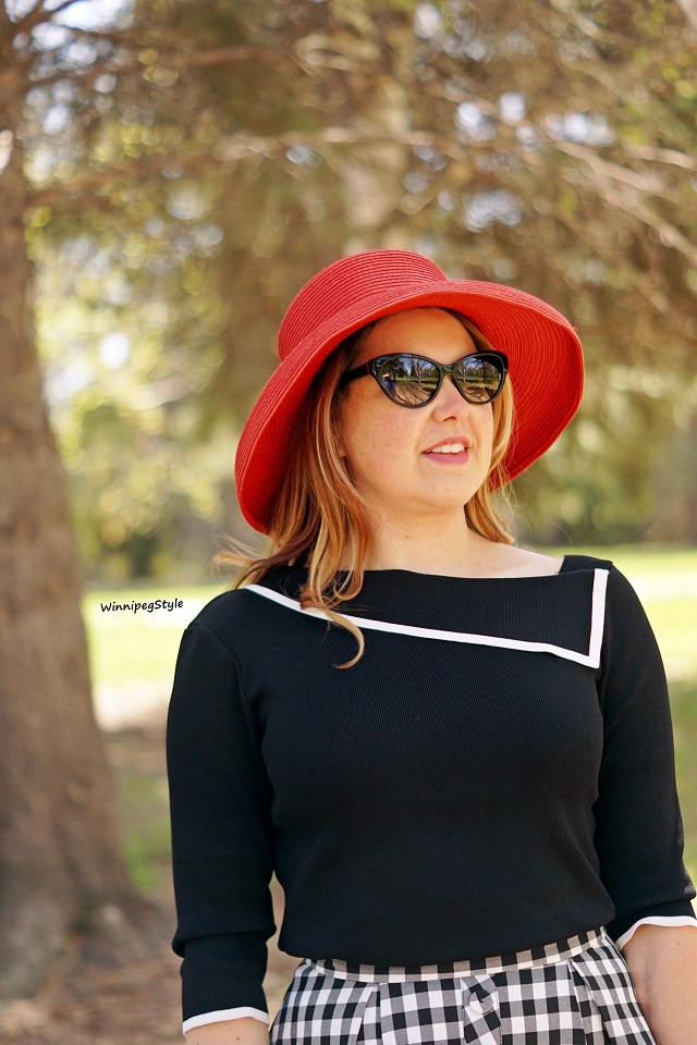 Winnipeg Style, Canadian fashion stylist blog blogger, Chicwish asymmetrical neck summer sweater black white, Vintage style red straw hat Winners 